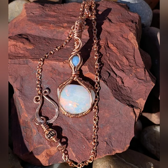 Mystical Opal Amulet Necklace Artisan Copper Wire Wrap With Dainty Chain - Picture 2 of 15